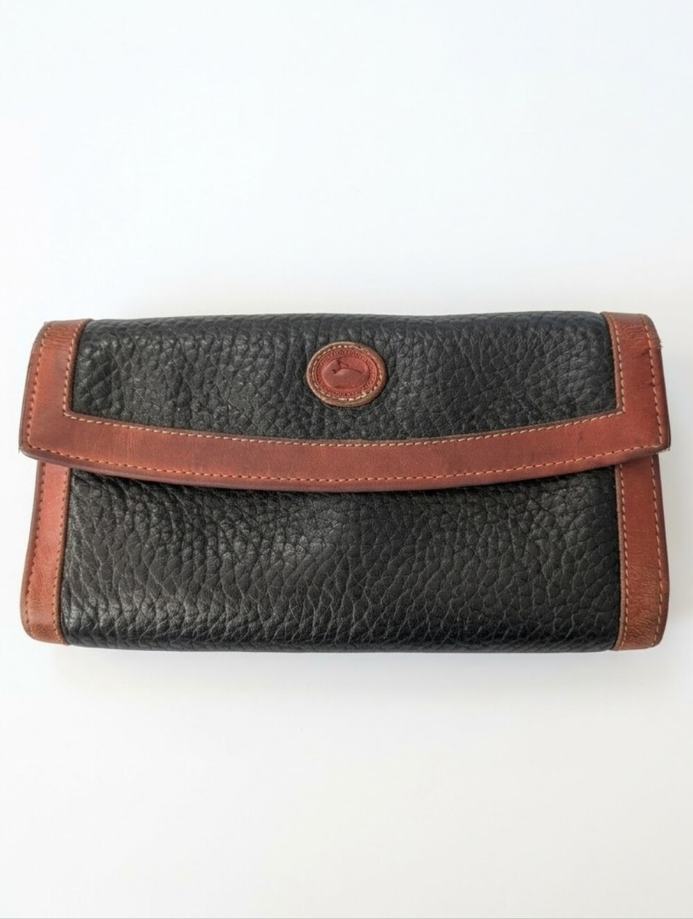Dooney & Bourke Vintage Black Pebbled Leather Wallet with Brown Trim